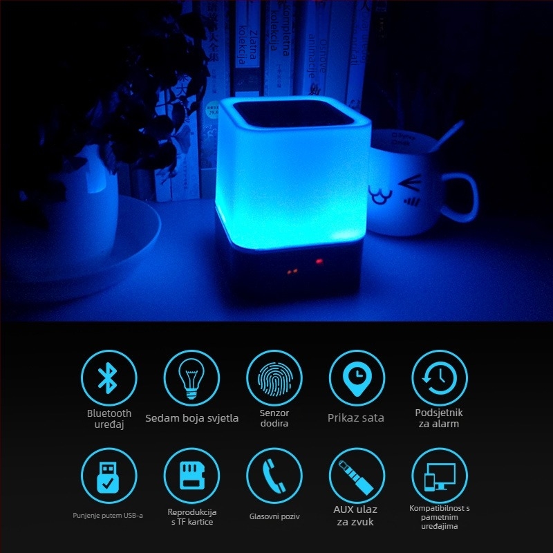 Bluetooth budilica s reproduktorom i LED rasvjetom (Bluetooth 5.0 • 5W • 1000–1200mAh • 100 Hz–20 kHz • domet 10 m)