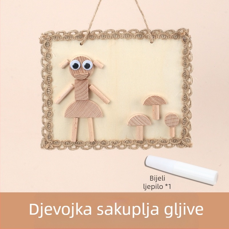 Dječji DIY set za izradu drvenog foto okvira – prirodni kružni i kvadratni drveni elementi i grančice (DIY, prilagodljiv, obojano pakiranje)