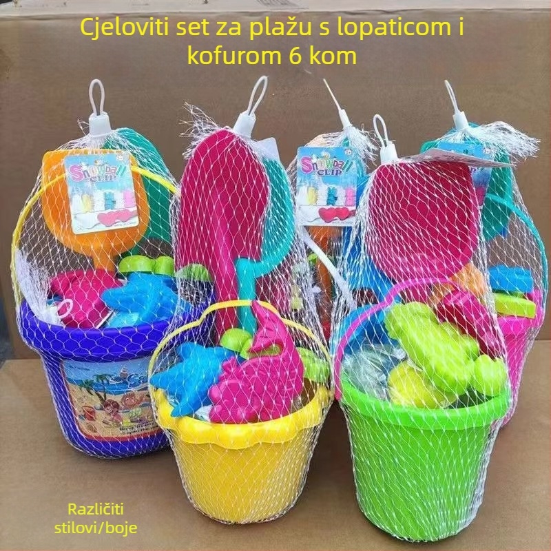 Plažni set igračaka za pijesak s vedrom, lopaticom i kalupima za pijesak – materijal PP, marka Chida, pakiranje mrežasta vrećica, za djecu 4–6 godina