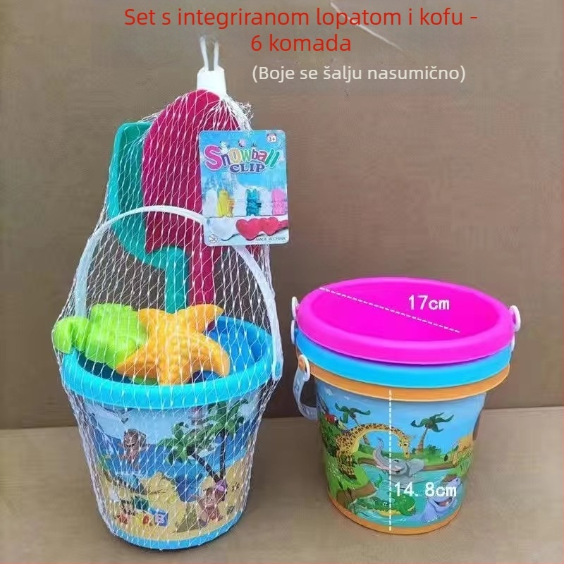 Plažni set igračaka za pijesak s vedrom, lopaticom i kalupima za pijesak – materijal PP, marka Chida, pakiranje mrežasta vrećica, za djecu 4–6 godina