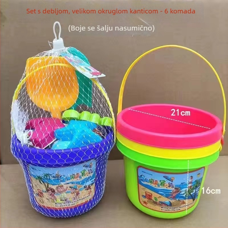 Plažni set igračaka za pijesak s vedrom, lopaticom i kalupima za pijesak – materijal PP, marka Chida, pakiranje mrežasta vrećica, za djecu 4–6 godina