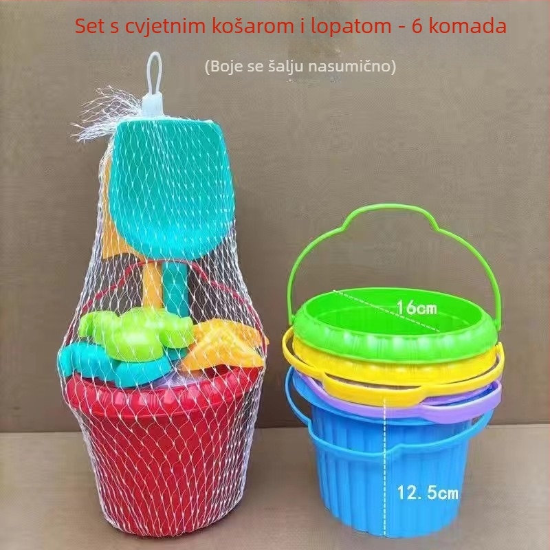 Plažni set igračaka za pijesak s vedrom, lopaticom i kalupima za pijesak – materijal PP, marka Chida, pakiranje mrežasta vrećica, za djecu 4–6 godina