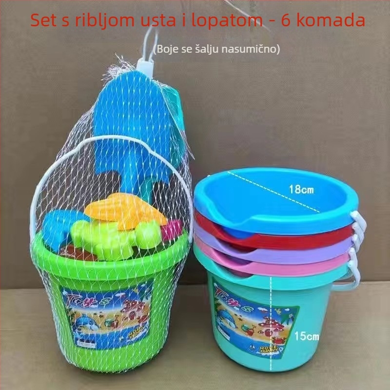 Plažni set igračaka za pijesak s vedrom, lopaticom i kalupima za pijesak – materijal PP, marka Chida, pakiranje mrežasta vrećica, za djecu 4–6 godina