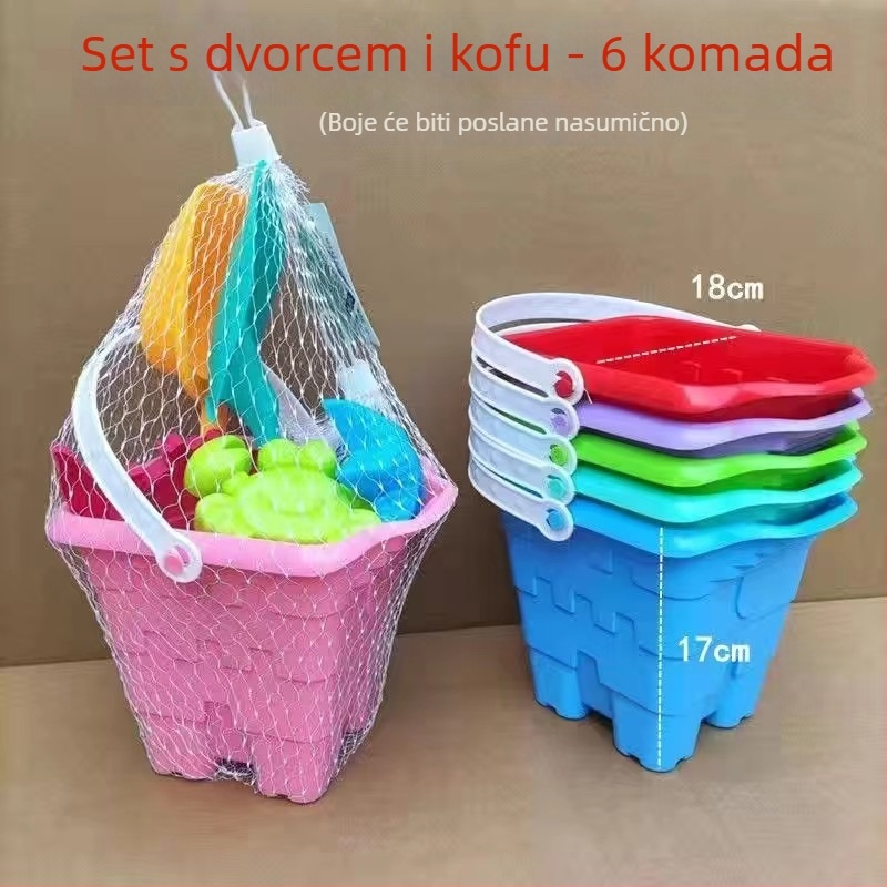 Plažni set igračaka za pijesak s vedrom, lopaticom i kalupima za pijesak – materijal PP, marka Chida, pakiranje mrežasta vrećica, za djecu 4–6 godina