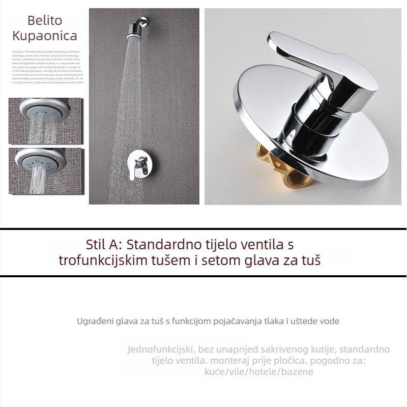 Zatvoren zidni tuš-sustav s mesinganim tijelom, ugradnja u zid, miješanje tople i hladne vode, štedna mlaznica, model 001