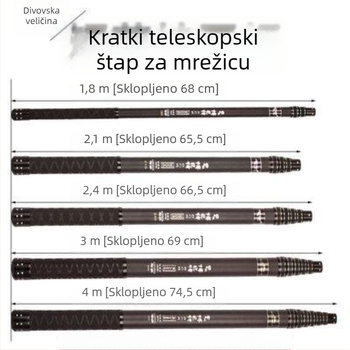 Kratka teleskopska štapa za mrežu, karbonska konstrukcija, izuzetno čvrsta, prijenosna, s ojačanim sučeljem