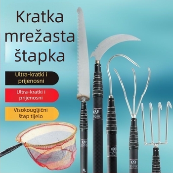 Kratka teleskopska štapa za mrežu, karbonska konstrukcija, izuzetno čvrsta, prijenosna, s ojačanim sučeljem