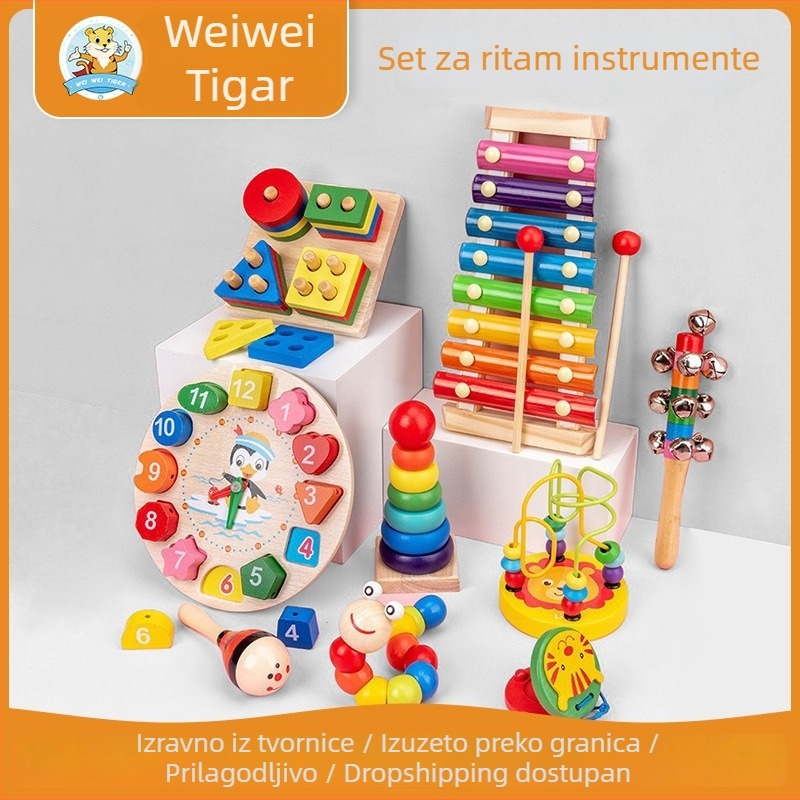 Dreveni set dječjih glazbenih instrumenata s ručnim dodirom klavira, Orffov udarni instrument za ranu glazbenu edukaciju, uzrast 4–6 godina, Mu Ke