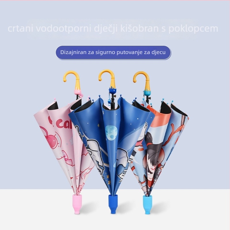 Dječji kišobran s automatskim otvaranjem, za djecu, okvir s 8 šipki od željeza, vinilna navlaka, tkanina 190T, duga drška, mogućnost otiska logotipa, prilagodba