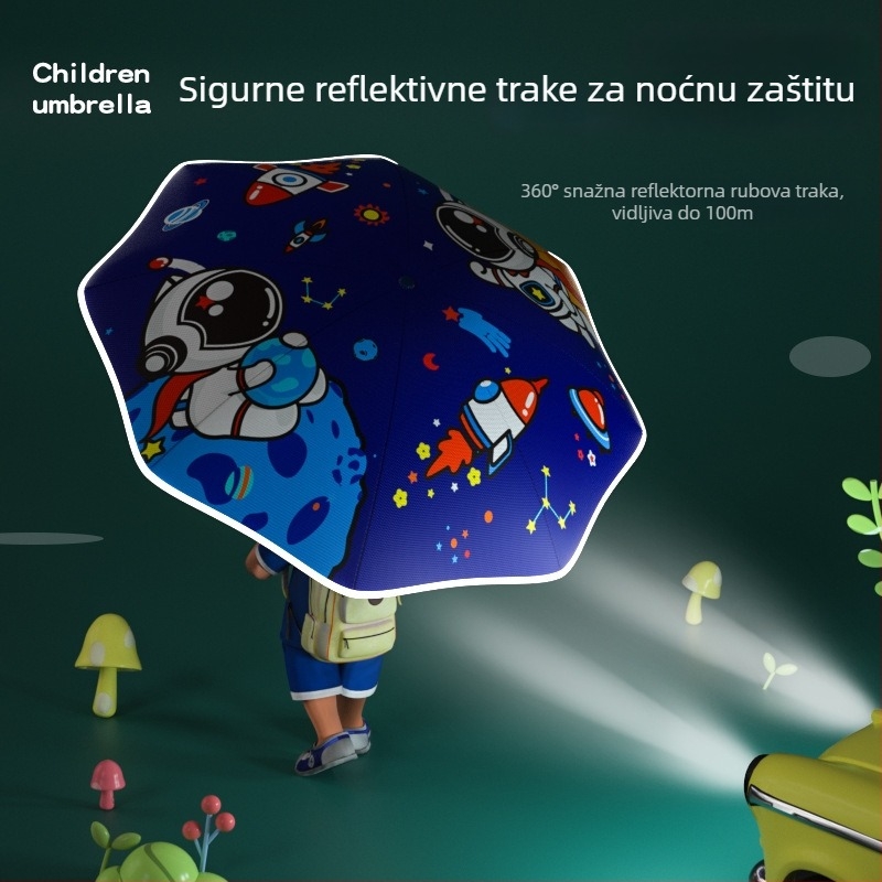 Dječji automatski sklopivi kišobran s zaobljenim kutovima, okvir od čelika s 8 rebara, platno od poliestera 190T, mogućnost logotipa, pogodan za djevojčice i dječake.