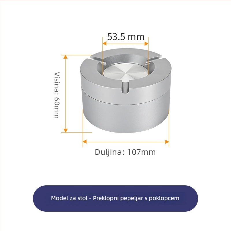 Pepelnjak od aluminijske legure s poklopcem za kućnu i uredsku upotrebu na stolu te za automobil; otporan na padove i visoke temperature; mogućnost tiskanja logotipa