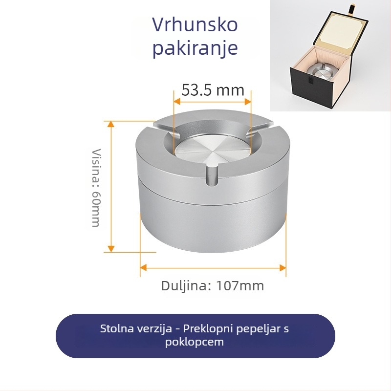 Pepelnjak od aluminijske legure s poklopcem za kućnu i uredsku upotrebu na stolu te za automobil; otporan na padove i visoke temperature; mogućnost tiskanja logotipa