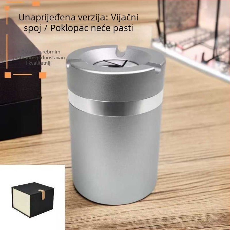 Pepelnjak od aluminijske legure s poklopcem za kućnu i uredsku upotrebu na stolu te za automobil; otporan na padove i visoke temperature; mogućnost tiskanja logotipa
