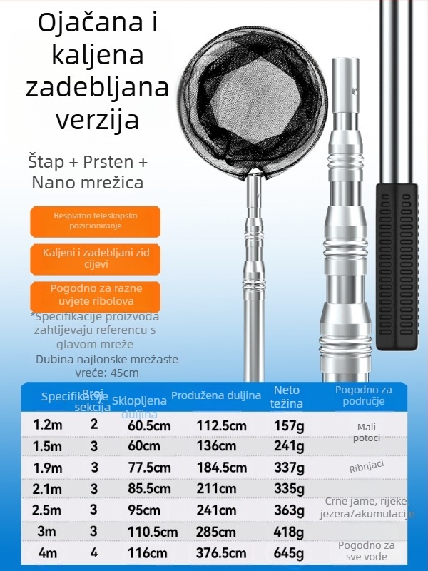 Nehrđajući čelični teleskopski štap za ribolov sa mrežom i vrećom za manje ribe