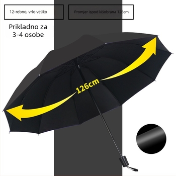 12-rebrasti kišobran s UV zaštitom, sklopivi, metalne šipke, gumirana drška, ručno otvaranje i zatvaranje, dvostruka upotreba sunce i kiša