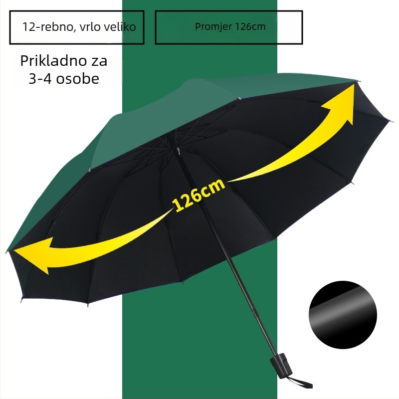 12-rebrasti kišobran s UV zaštitom, sklopivi, metalne šipke, gumirana drška, ručno otvaranje i zatvaranje, dvostruka upotreba sunce i kiša
