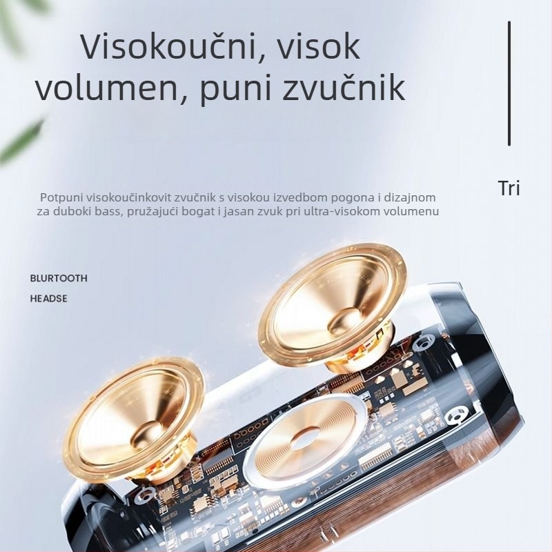 Prijenosni bežični Bluetooth zvučnik s basom i subwooferom, Raspon frekvencija 100 Hz–20 kHz, SNR ≥70 dB, USB-C napajanje, IPX7 vodootporan, bežično punjenje