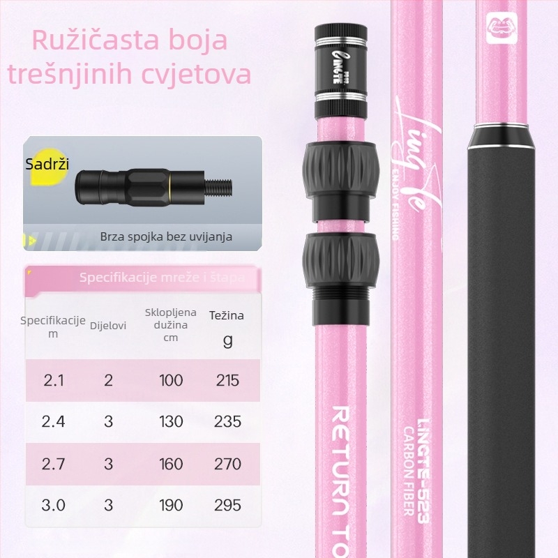 Teleskopska mrežna šipka – aluminijska legura, dvije sekcije, promjer otvora mreže 40 cm, dubina mreže 42 cm, težina 300 g