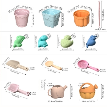 Silikonski set za plažu s lopaticom i kanticom – edukativan, kopanje pjeska i zalijevanje vodom, za djecu 4–6 godina.