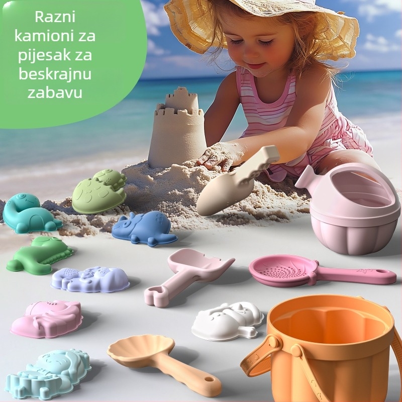 Silikonski set za plažu s lopaticom i kanticom – edukativan, kopanje pjeska i zalijevanje vodom, za djecu 4–6 godina.