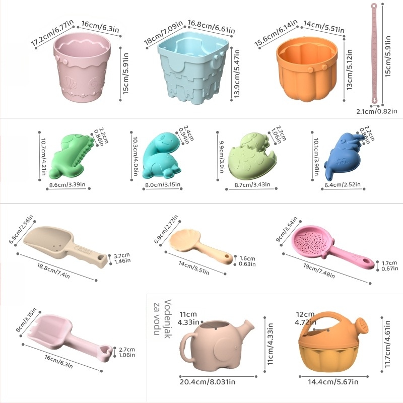 Silikonski set za plažu s lopaticom i kanticom – edukativan, kopanje pjeska i zalijevanje vodom, za djecu 4–6 godina.