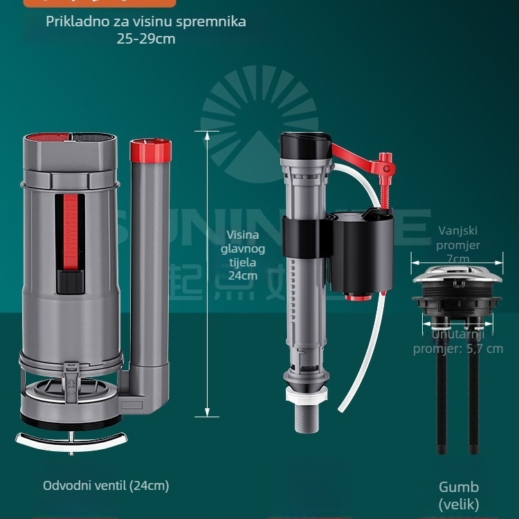 Ventil za punjenje spremnika toaleta, univerzalni gornji odvodni ventil, ABS, ručno pritiskanje za ispiranje, odvod na pod