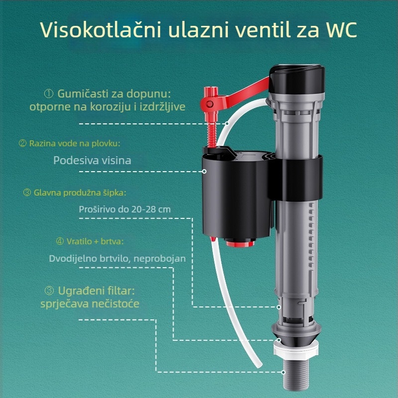 Ventil za punjenje spremnika toaleta, univerzalni gornji odvodni ventil, ABS, ručno pritiskanje za ispiranje, odvod na pod