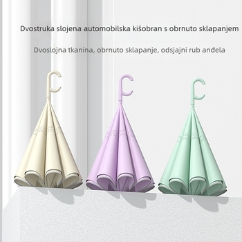 Kišobran s preokretom, montiran u automobilu, dvostrukog sloja, 8 rebara, duga drška, automatsko zatvaranje