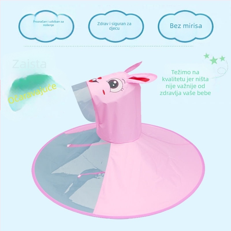 Dječja kišna kapa-kišobran: lagana, prozirna sklopiva konstrukcija, aluminijski okvir i šipke, 170T vinil tkanina, pakiranje 31x33x0,8 cm, bruto težina 200 g