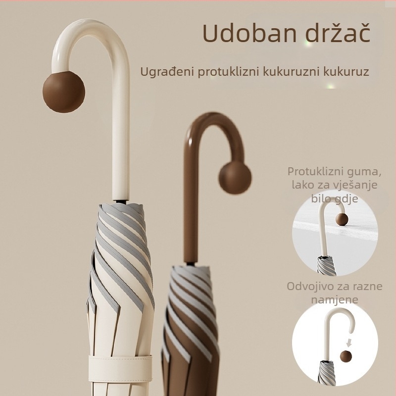 Britanski stil dugog drška kišobran, otporan na vjetar s 8 rebara, 190T Impact Cloth tkanina, vlaknaste rebra, plastična ručka, poluautomatsko otvaranje, pogodan za uredske radnike i studente