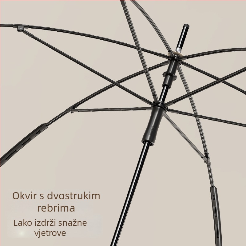 Britanski stil dugog drška kišobran, otporan na vjetar s 8 rebara, 190T Impact Cloth tkanina, vlaknaste rebra, plastična ručka, poluautomatsko otvaranje, pogodan za uredske radnike i studente