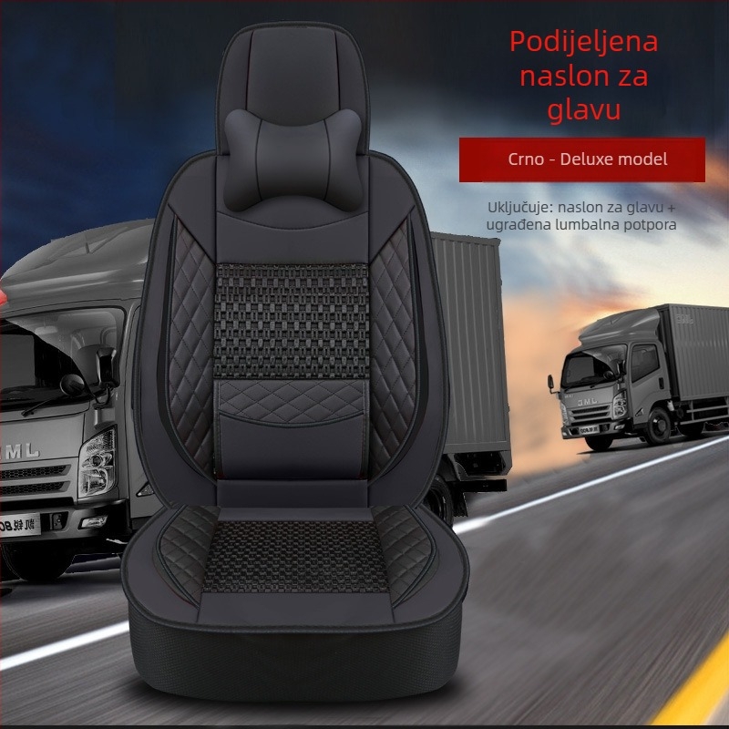 Pokrov za sjedalo teškog kamiona – prednja sjedala (glavni i suvozač) – univerzalno za sve sezone; PU kožna površina; punjenje od svile; šivanje s rubom (hemming); poslovni stil