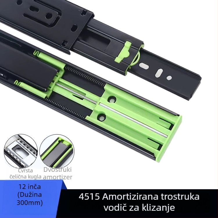 Troje sekcijska klizna vodilica za ladicu s amortizacijom, tiha kuglična vodilica od čelika, model H12b, materijal: čelik, završne obrade: elektroforeza, elektrogalvanizacija, brušenje
