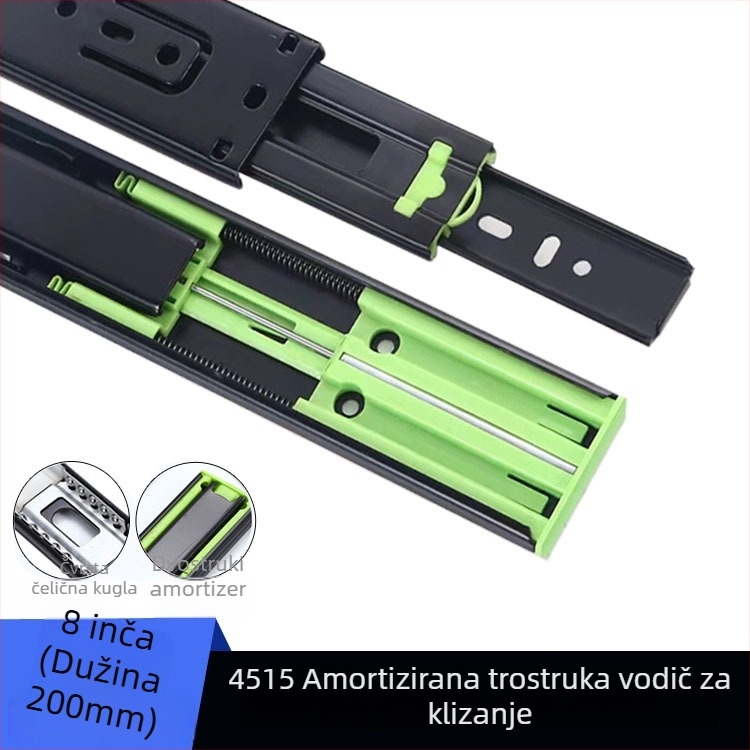 Troje sekcijska klizna vodilica za ladicu s amortizacijom, tiha kuglična vodilica od čelika, model H12b, materijal: čelik, završne obrade: elektroforeza, elektrogalvanizacija, brušenje