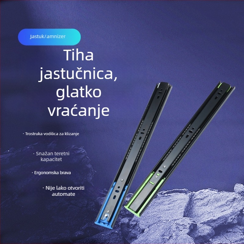 Troje sekcijska klizna vodilica za ladicu s amortizacijom, tiha kuglična vodilica od čelika, model H12b, materijal: čelik, završne obrade: elektroforeza, elektrogalvanizacija, brušenje