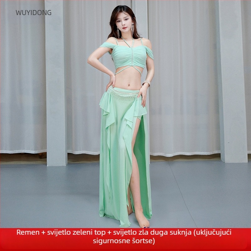 Kostim za vježbanje belly dance – Set dugačka suknja s visokim prorezom, Crystal Cotton + Mesh, Spandex, Ljeto 2025