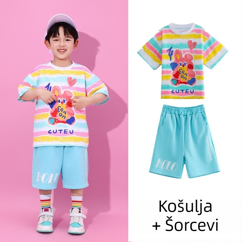 Dječji kostim za cheerleading s prugama – unisex, 100% poliester, mekan dodir, ljeto 2024, za nastupe i ples