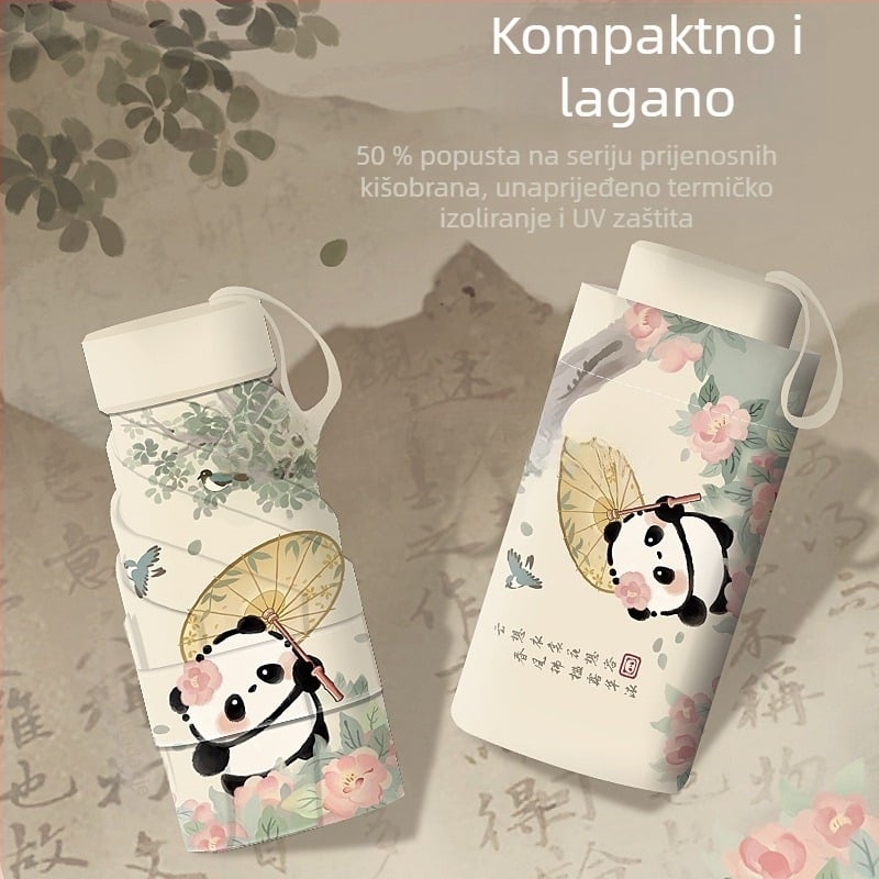 Sklopivi dječji kišobran s dizajnom Panda, ručno otvaranje zatvaranje, okvir s 12 šipki, aluminijska drška