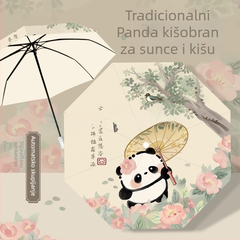 Sklopivi dječji kišobran s dizajnom Panda, ručno otvaranje zatvaranje, okvir s 12 šipki, aluminijska drška