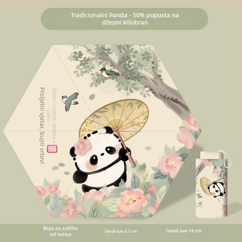 Sklopivi dječji kišobran s dizajnom Panda, ručno otvaranje zatvaranje, okvir s 12 šipki, aluminijska drška