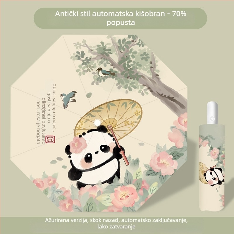 Sklopivi dječji kišobran s dizajnom Panda, ručno otvaranje zatvaranje, okvir s 12 šipki, aluminijska drška