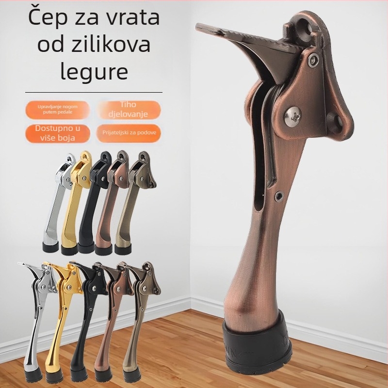 Držač vrata od zinkove legure s ručnim pedalom i oprugom, gumeni gornji limiter, montiran na vratima, poliran završni premaz i elektroplatiranje