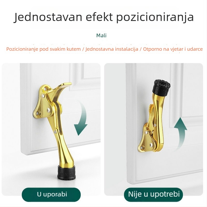 Držač vrata od zinkove legure s ručnim pedalom i oprugom, gumeni gornji limiter, montiran na vratima, poliran završni premaz i elektroplatiranje