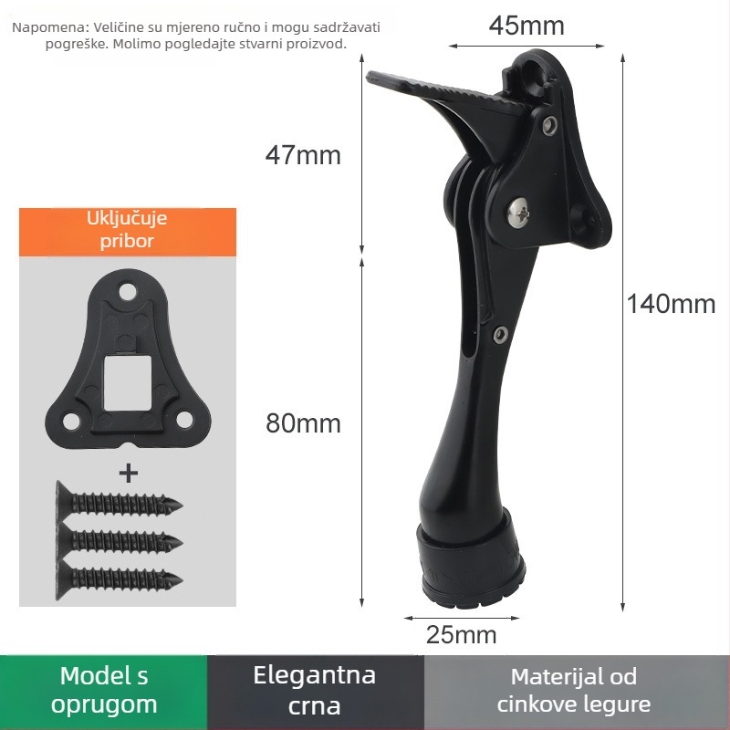 Držač vrata od zinkove legure s ručnim pedalom i oprugom, gumeni gornji limiter, montiran na vratima, poliran završni premaz i elektroplatiranje