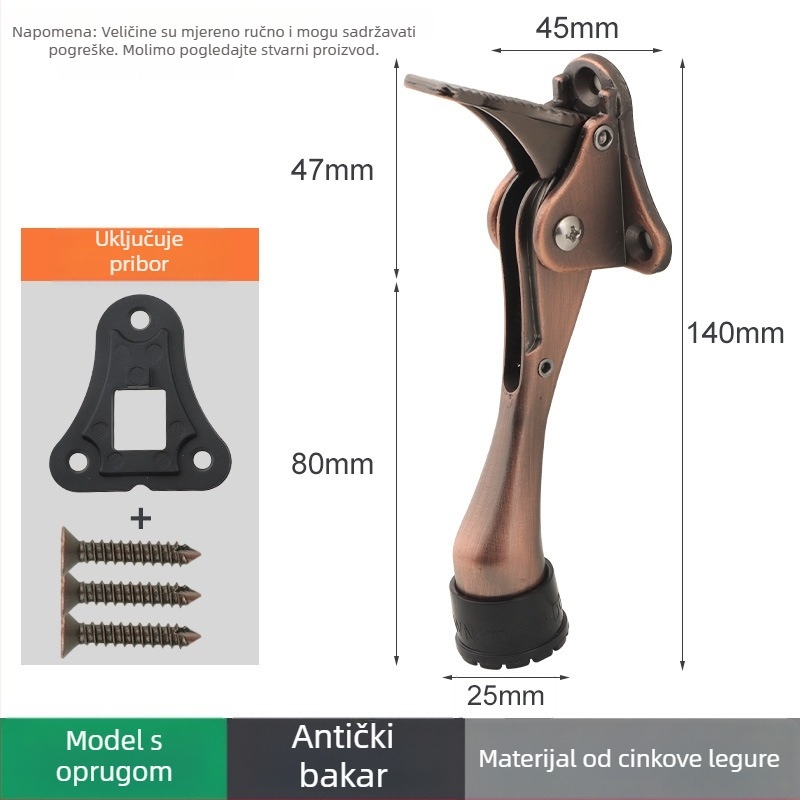 Držač vrata od zinkove legure s ručnim pedalom i oprugom, gumeni gornji limiter, montiran na vratima, poliran završni premaz i elektroplatiranje