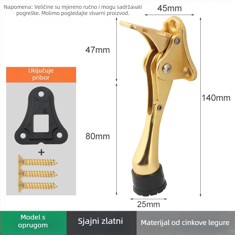 Držač vrata od zinkove legure s ručnim pedalom i oprugom, gumeni gornji limiter, montiran na vratima, poliran završni premaz i elektroplatiranje