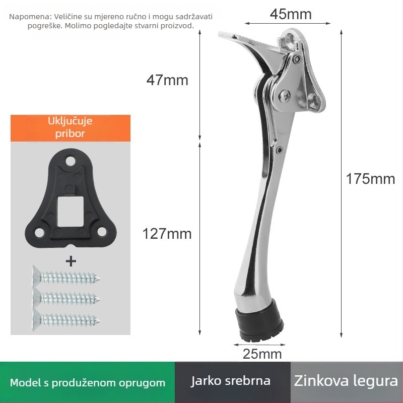 Držač vrata od zinkove legure s ručnim pedalom i oprugom, gumeni gornji limiter, montiran na vratima, poliran završni premaz i elektroplatiranje