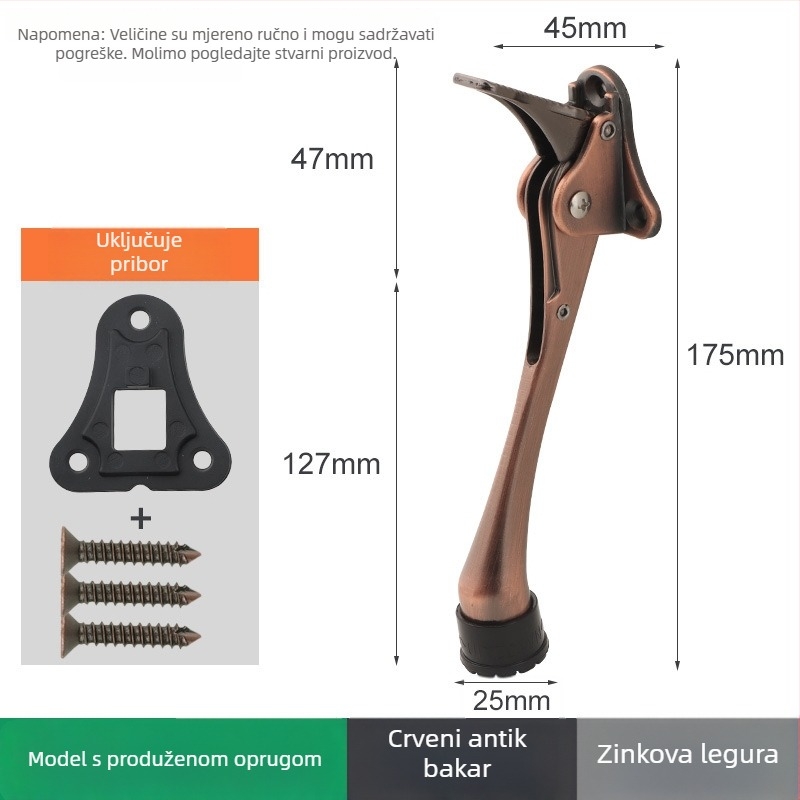 Držač vrata od zinkove legure s ručnim pedalom i oprugom, gumeni gornji limiter, montiran na vratima, poliran završni premaz i elektroplatiranje