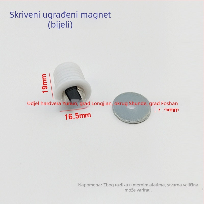 Magnetski držač vrata ormarića — materijal: plast + željezo; proizvodni proces: tlačno lijevanje; stil: moderni minimalistički; pogodan za staklene, izložbene i vitrine ormariće