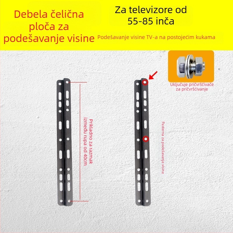 Dodatak za zidni TV nosač — pločica s kukom, nosivost 11–15 kg, metalni nosač, zidni montažni, mehaničko upravljanje